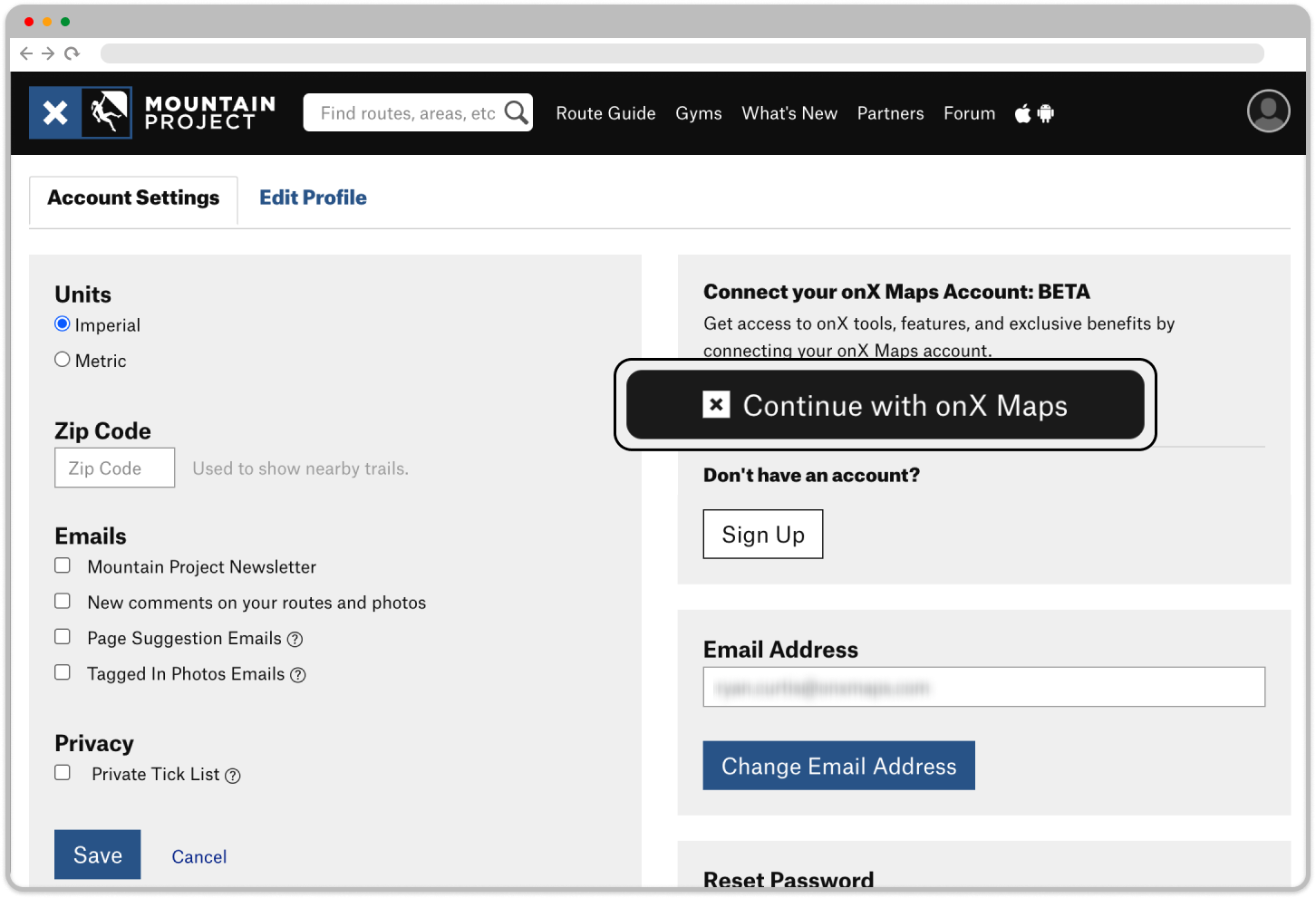 Continue with onX Maps Account Settings Mountain Project.png