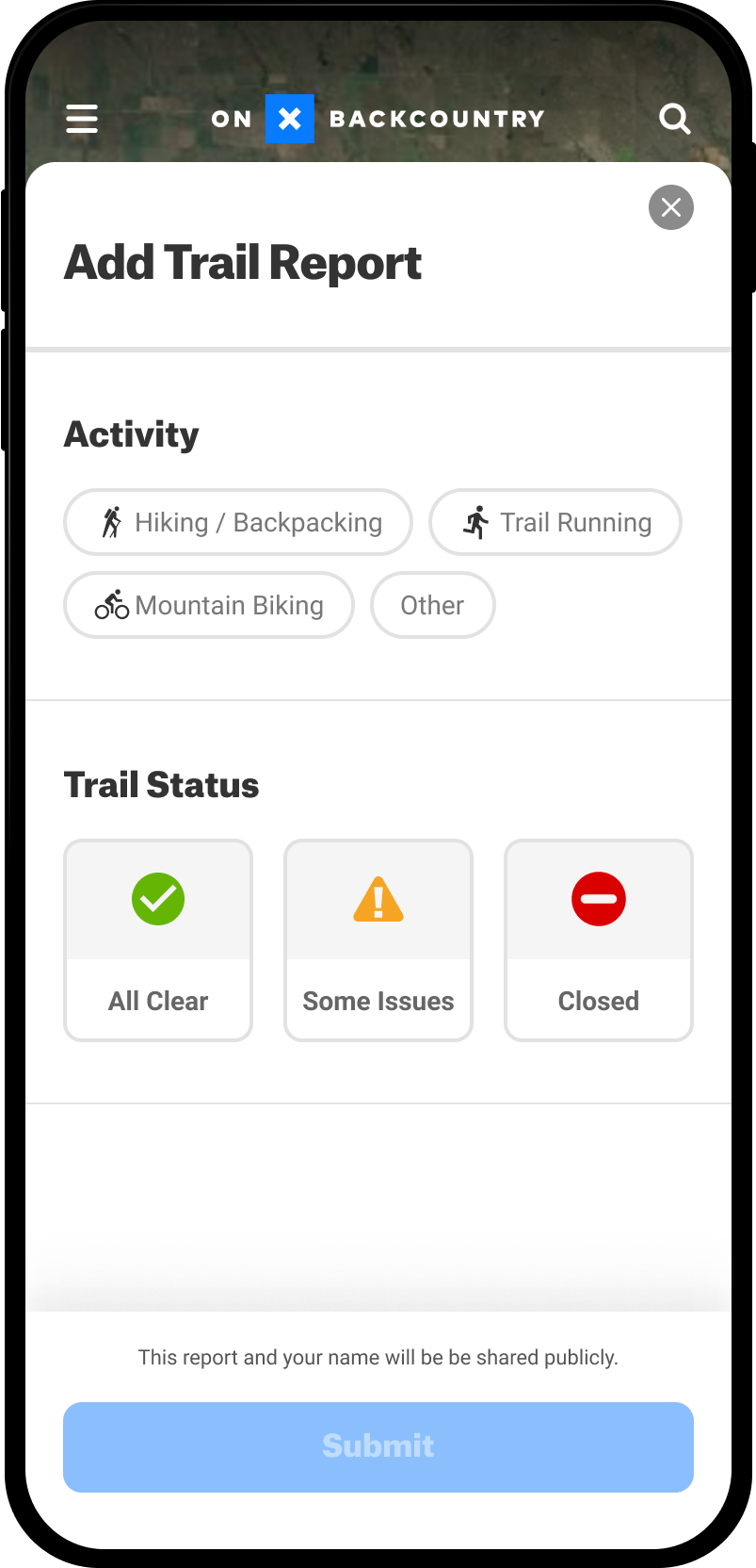 Activity and Trail Status Add Trail Report Backcountry App.png