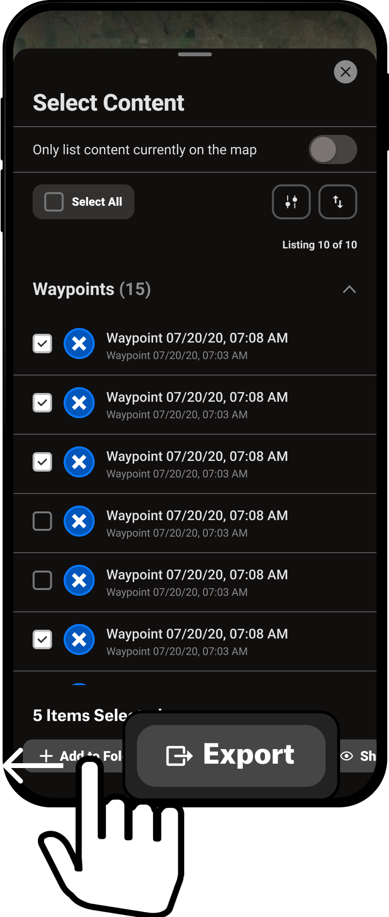 Swipe Left to Export Select Content Menu Backcountry App.png
