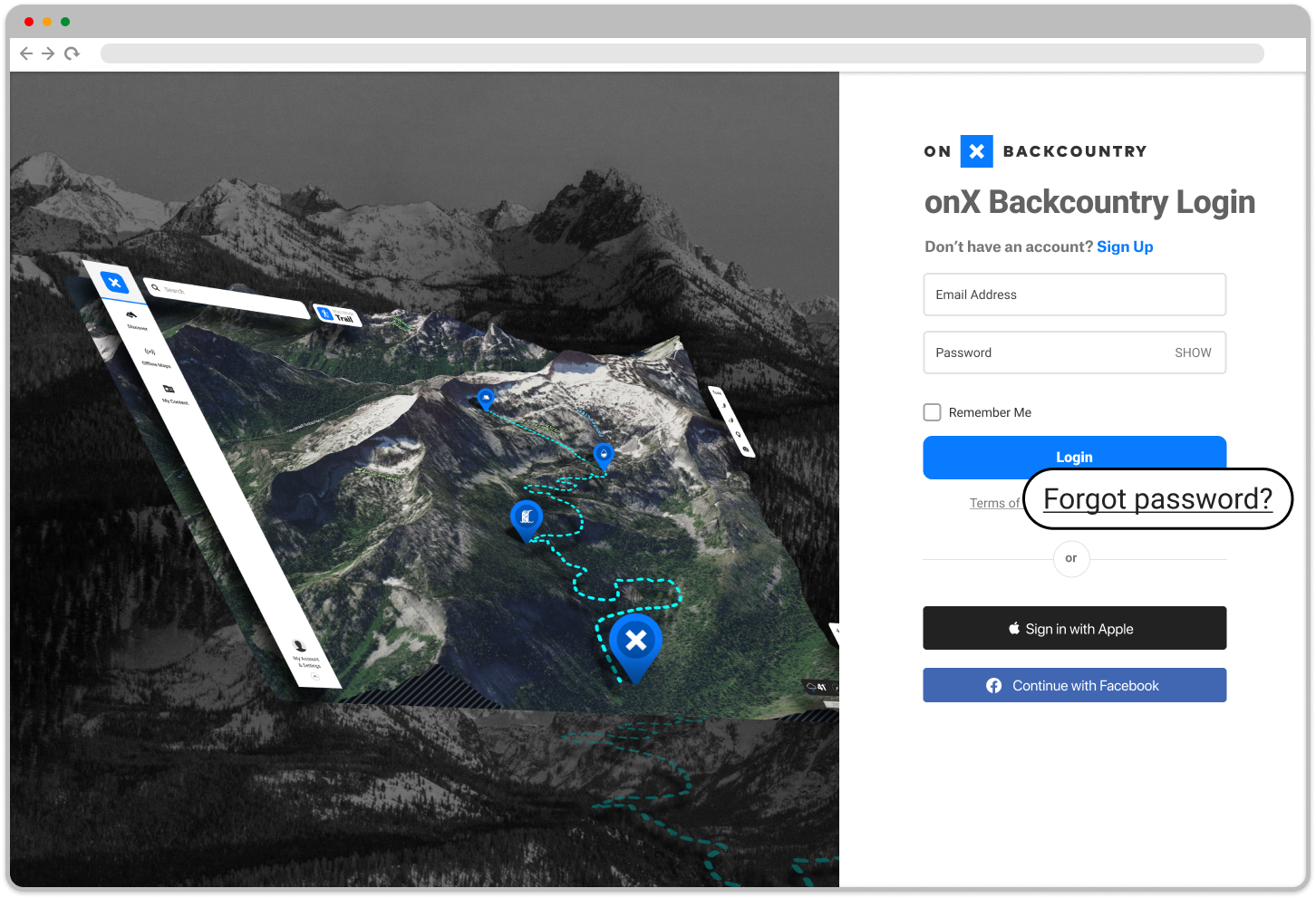 Resetting your password onX Backcountry